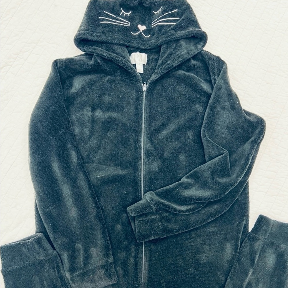 PJ Essentials Soft Black Cat Hoodie Pajama/Onesie- woman’s small, child’s XL
